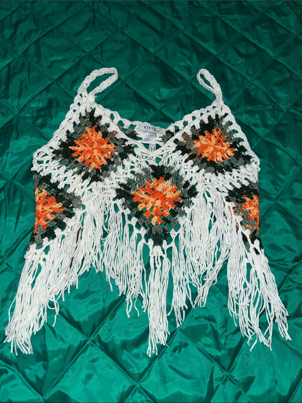 ViVI White Crochet Fringe Tank with Orange & Green Accents